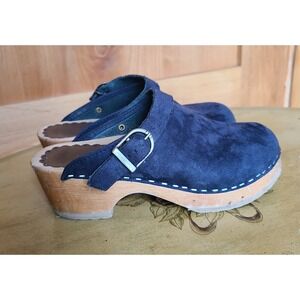Vollsjo Girls EU 35.5 Youth 3.5 Blue Suede Swedish Clogs Wooden Soles Buckle